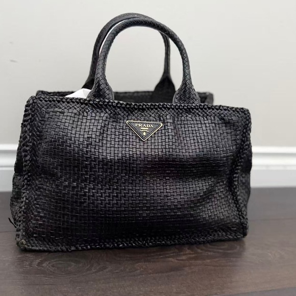 Prada Handbags - Prada Black Leather Woven Tote Bag